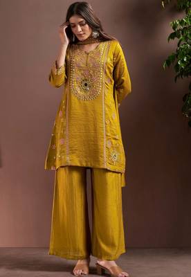 Mustard silk blend embroidered mirror work ethnic kurta set with matching dupatta 1