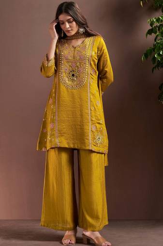 Mustard silk blend embroidered mirror work ethnic kurta set with matching dupatta