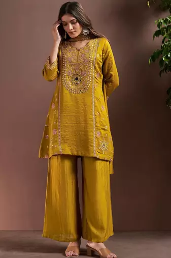 Mustard silk blend embroidered mirror work ethnic kurta set with matching dupatta