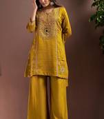 Mustard silk blend embroidered mirror work ethnic kurta set with matching dupatta
