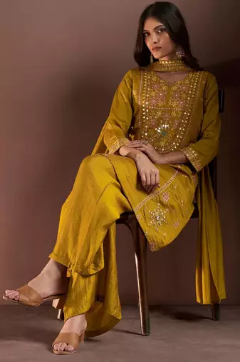 Mustard silk blend embroidered mirror work ethnic kurta set with matching dupatta