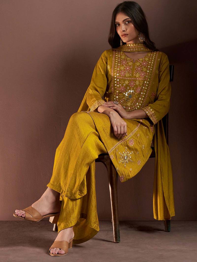 Mustard silk blend embroidered mirror work ethnic kurta set with matching dupatta