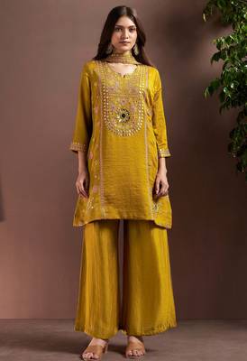 Mustard silk blend embroidered mirror work ethnic kurta set with matching dupatta 3
