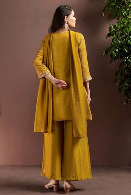 Mustard silk blend embroidered mirror work ethnic kurta set with matching dupatta 4