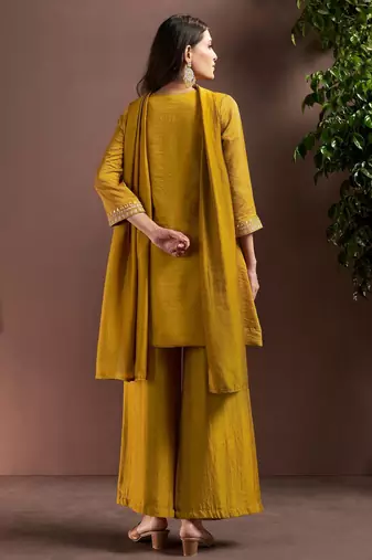 Mustard silk blend embroidered mirror work ethnic kurta set with matching dupatta