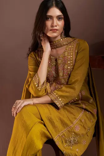 Mustard silk blend embroidered mirror work ethnic kurta set with matching dupatta