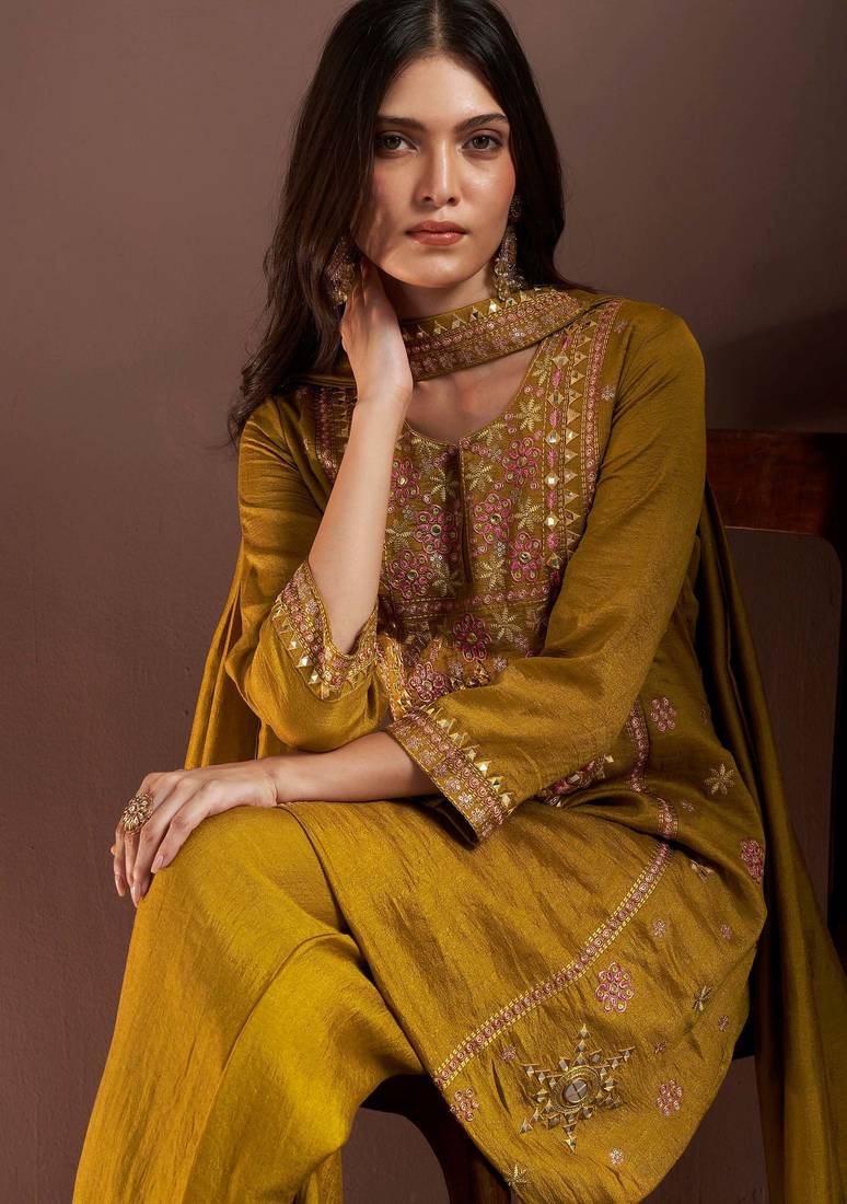 Mustard silk blend embroidered mirror work ethnic kurta set with matching dupatta