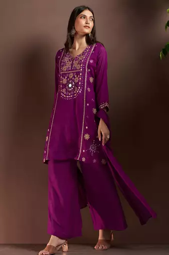 Purple silk blend embroidered mirror work ethnic kurta set with matching dupatta
