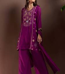 Purple silk blend embroidered mirror work ethnic kurta set with matching dupatta