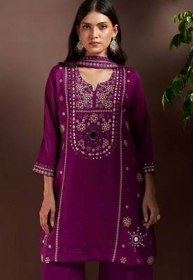 Purple silk blend embroidered mirror work ethnic kurta set with matching dupatta 2