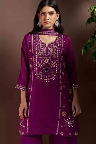 Purple silk blend embroidered mirror work ethnic kurta set with matching dupatta