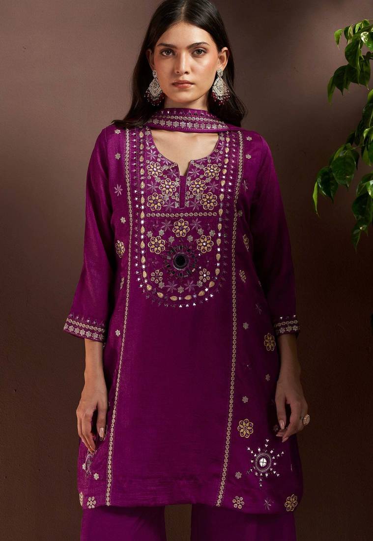 Purple silk blend embroidered mirror work ethnic kurta set with matching dupatta