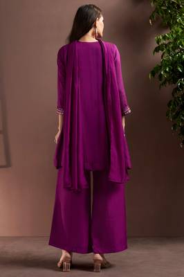 Purple silk blend embroidered mirror work ethnic kurta set with matching dupatta 4