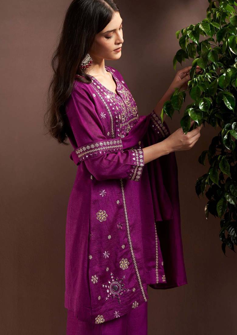 Purple silk blend embroidered mirror work ethnic kurta set with matching dupatta