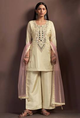 Cream silk blend embroidered mirror work ethnic kurta set with matching dupatta 1