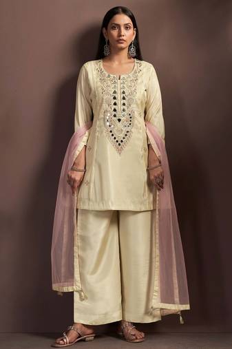 Cream silk blend embroidered mirror work ethnic kurta set with matching dupatta