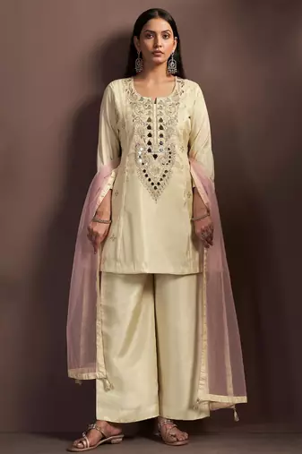 Cream silk blend embroidered mirror work ethnic kurta set with matching dupatta