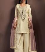 Cream silk blend embroidered mirror work ethnic kurta set with matching dupatta