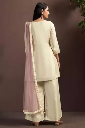 Cream silk blend embroidered mirror work ethnic kurta set with matching dupatta
