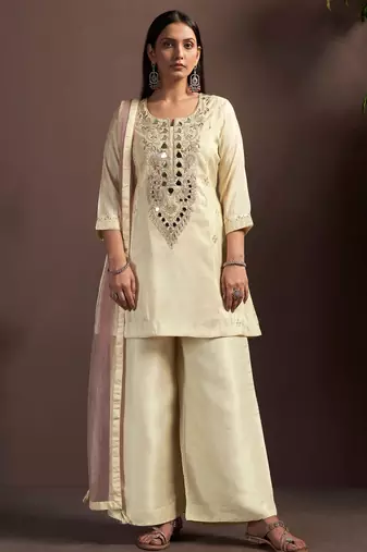 Cream silk blend embroidered mirror work ethnic kurta set with matching dupatta