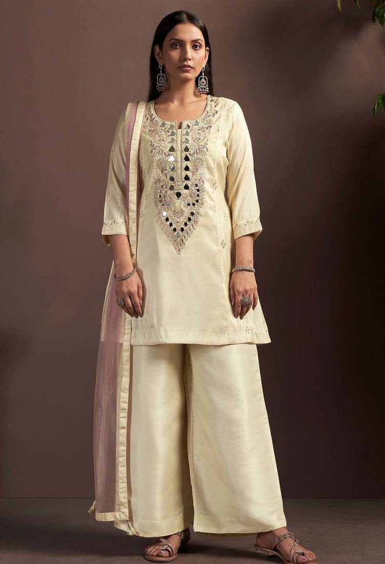 Cream silk blend embroidered mirror work ethnic kurta set with matching dupatta