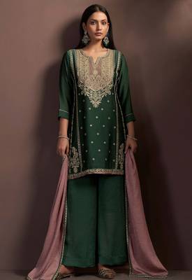 Green silk blend embroidered sequins work ethnic kurta set with matching dupatta 1