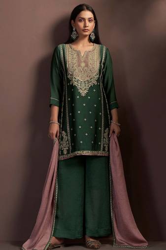 Green silk blend embroidered sequins work ethnic kurta set with matching dupatta