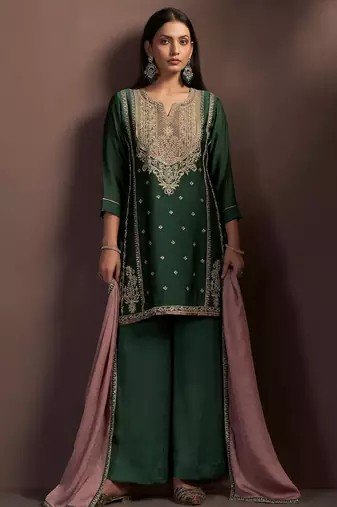 Green silk blend embroidered sequins work ethnic kurta set with matching dupatta