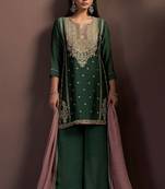 Green silk blend embroidered sequins work ethnic kurta set with matching dupatta