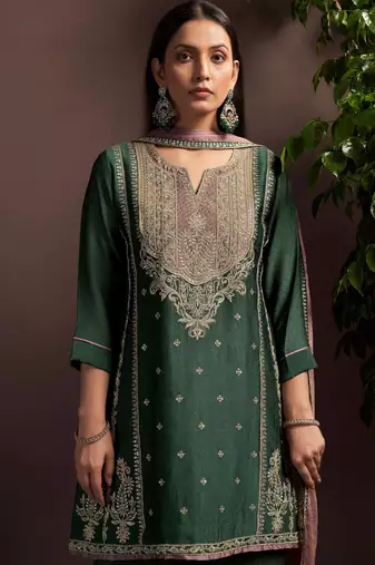 Green silk blend embroidered sequins work ethnic kurta set with matching dupatta