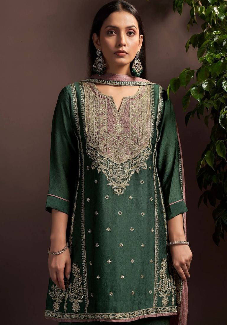 Green silk blend embroidered sequins work ethnic kurta set with matching dupatta