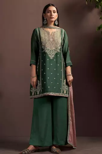 Green silk blend embroidered sequins work ethnic kurta set with matching dupatta