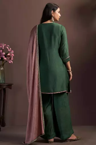 Green silk blend embroidered sequins work ethnic kurta set with matching dupatta