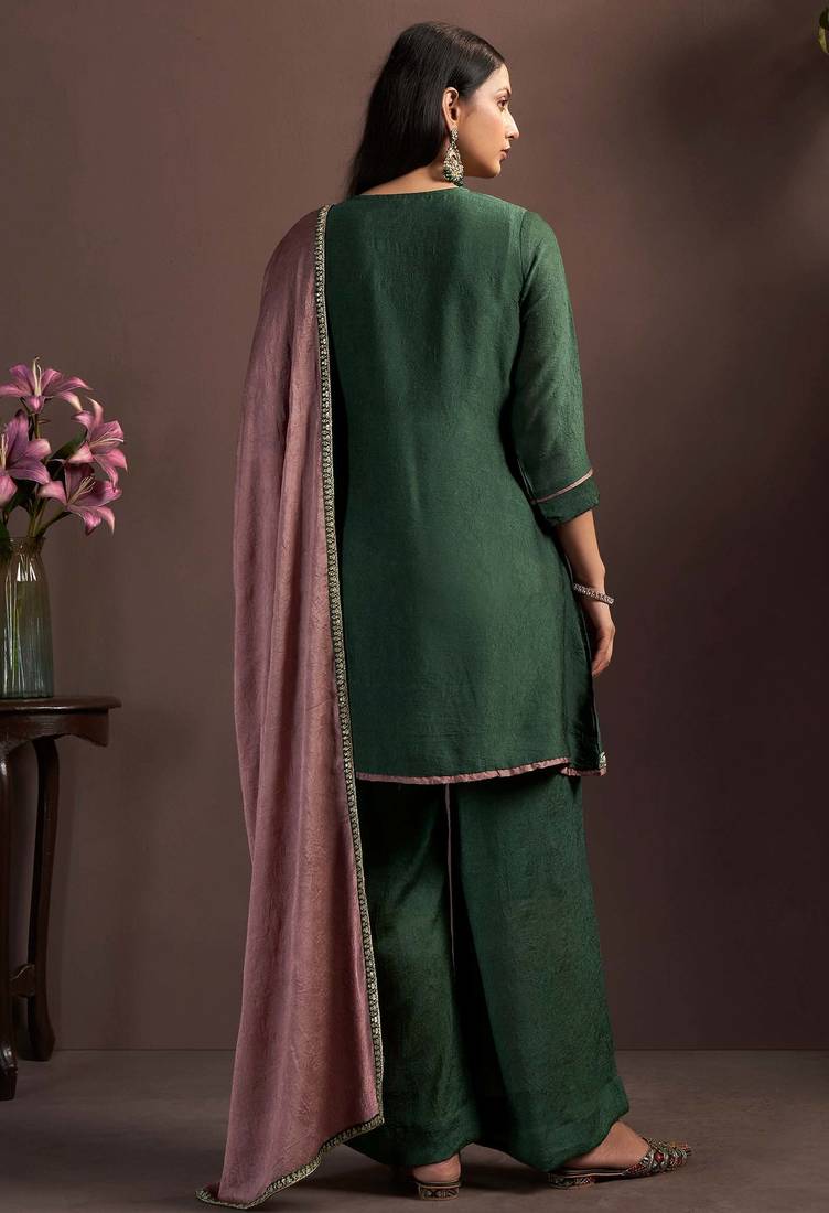 Green silk blend embroidered sequins work ethnic kurta set with matching dupatta