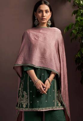 Green silk blend embroidered sequins work ethnic kurta set with matching dupatta 5