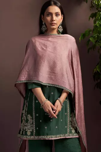 Green silk blend embroidered sequins work ethnic kurta set with matching dupatta