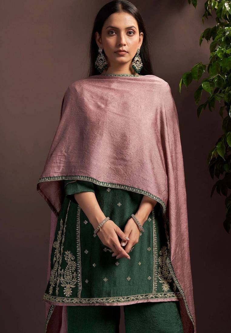Green silk blend embroidered sequins work ethnic kurta set with matching dupatta
