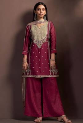 Red silk blend embroidered zari work ethnic kurta set with matching dupatta 1