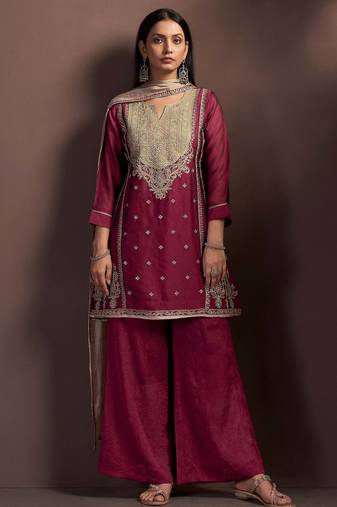 Red silk blend embroidered zari work ethnic kurta set with matching dupatta