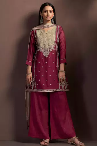 Red silk blend embroidered zari work ethnic kurta set with matching dupatta