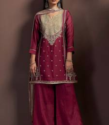 Red silk blend embroidered zari work ethnic kurta set with matching dupatta
