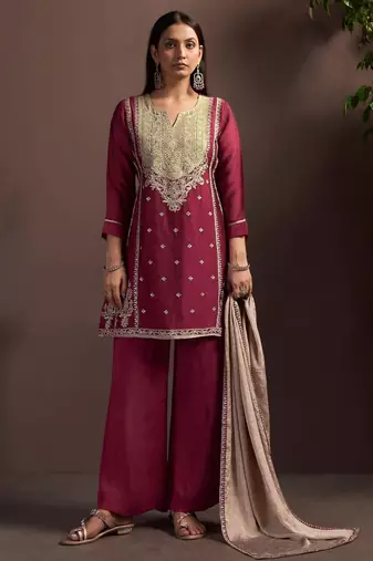 Red silk blend embroidered zari work ethnic kurta set with matching dupatta