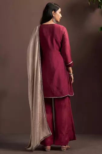 Red silk blend embroidered zari work ethnic kurta set with matching dupatta