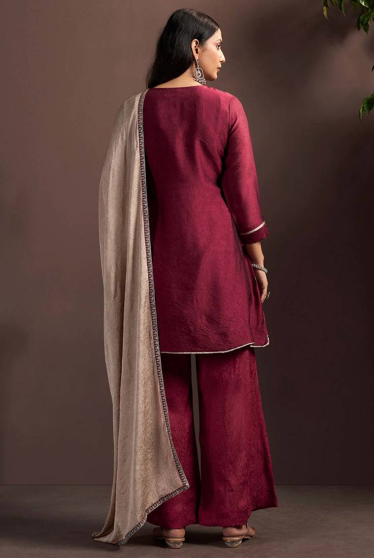 Red silk blend embroidered zari work ethnic kurta set with matching dupatta