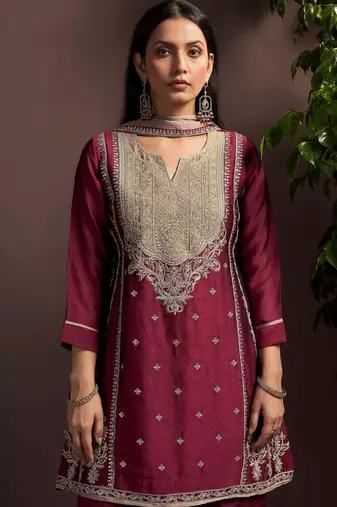 Red silk blend embroidered zari work ethnic kurta set with matching dupatta
