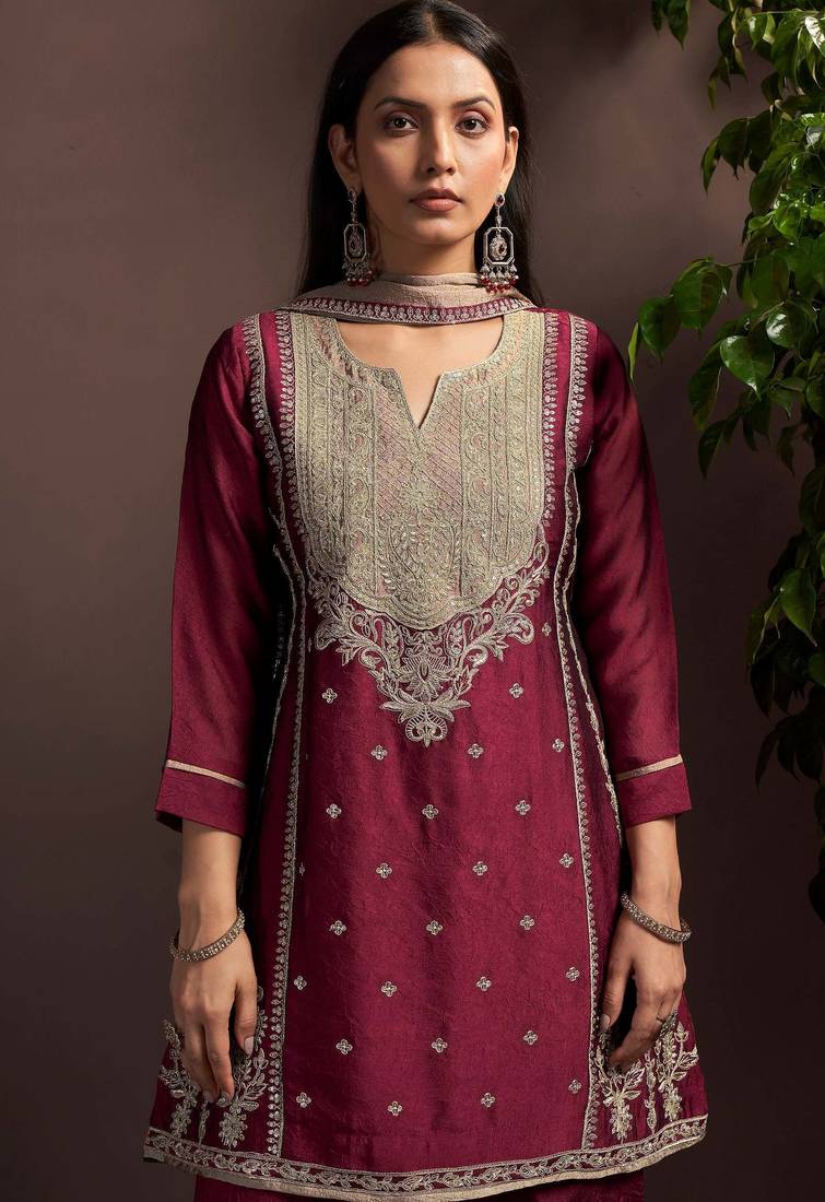 Red silk blend embroidered zari work ethnic kurta set with matching dupatta