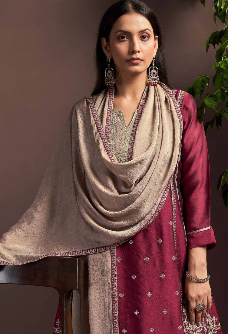 Red silk blend embroidered zari work ethnic kurta set with matching dupatta