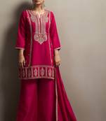 Red silk blend embroidered mirror work ethnic kurta set with matching dupatta