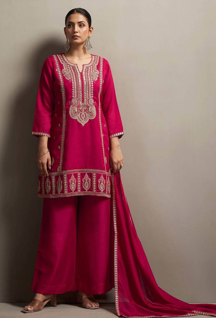 Red silk blend embroidered mirror work ethnic kurta set with matching dupatta