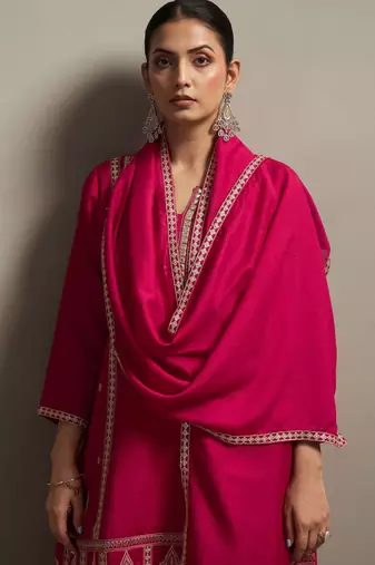 Red silk blend embroidered mirror work ethnic kurta set with matching dupatta